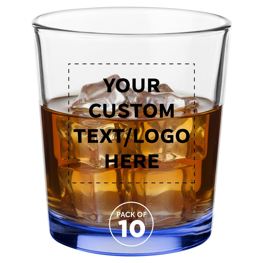 10 Heavy Base Whiskey Glasses, 13.5 oz. Custom Personalized with Logo or Text, Lowball Old Fashion Rocks Glass Set for Old Fashion, Blue