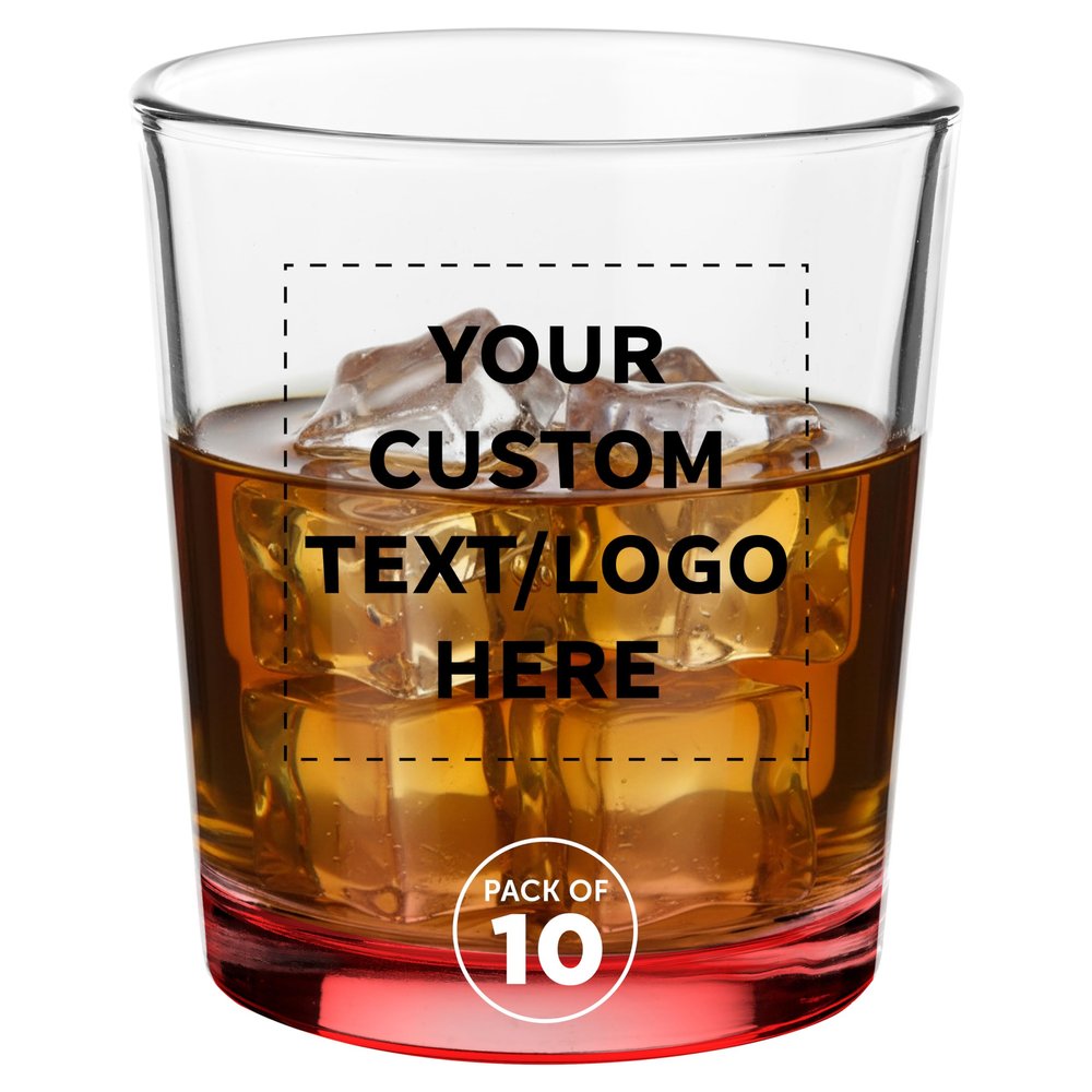 10 Heavy Base Whiskey Glasses, 13.5 oz. Custom Personalized with Logo or Text, Lowball Old Fashion Rocks Glass Set for Old Fashion, Red