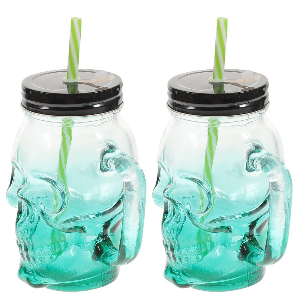 OKUMEYR 2pcs Halloween Skull Gradient Glass Cups Drinking Glasses Handle Spooky Beer Cups for Halloween Parties Celebrations Unique Gradient Random Color