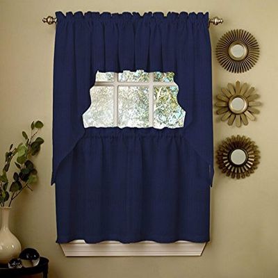 Sweet Home Collection Opaque Rib Cord Kitchen Curtains Swag Pair, Ribcord Navy (Pack of 24)
