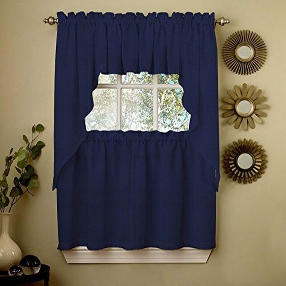 Sweet Home Collection Opaque Rib Cord Kitchen Curtains Swag Pair, Ribcord Navy (Pack of 24)