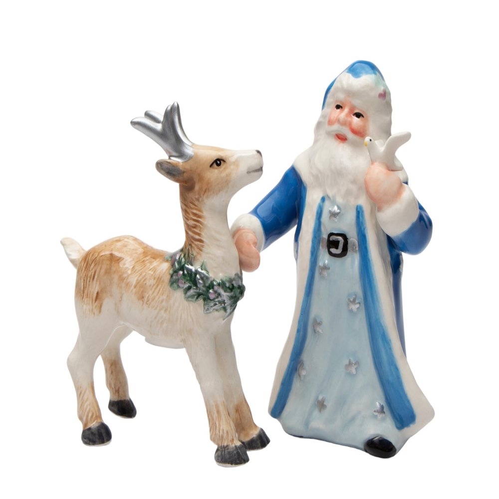 57030 Fine Ceramic Christmas Winter Wonderland Santa with Reindeer Friend Salt & Pepper Shakers Set, 4-5/8" H