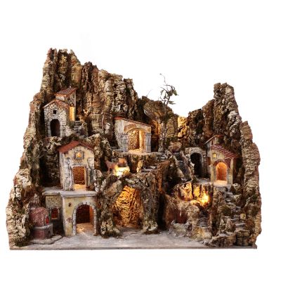 Holyart Rustic Nativity Village 10-12 cm with Stream LED Oven Fountain 85x100x55 cm