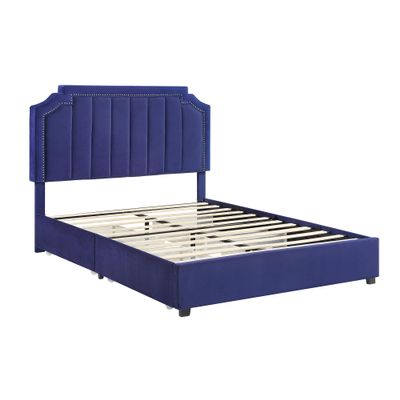 24/7 Shop at Home Fionnlagh Glam Tufted Fabric Upholstered Storage Platform Bed with Nailhead Trim, No Box Spring Required for Bedroom, Guest Room Bed, Queen-Size, Navy Blue