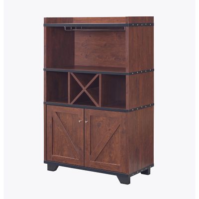 24/7 Shop at Home Pensford Farmhouse Multi-Storage Wood 31 in. Wine Cabinet with Removable Bottle Rack, 5 Shelves, Stemware Rails, 2 Doors for Kitchen Dining Room, Bar, Vintage Walnut Brown