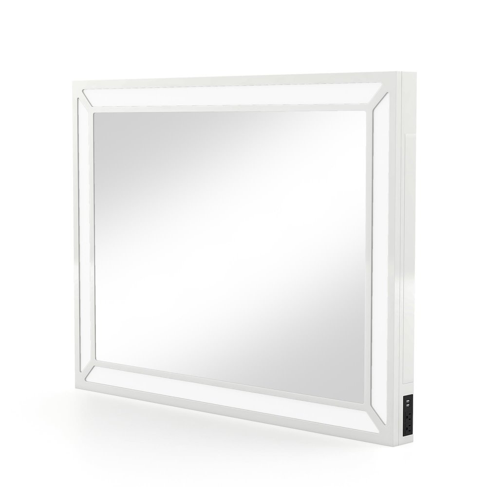 24/7 Shop at Home Alez Modern Wood Makeup Vanity Mirror with LED Light, USB Port, Pocket Drawers for Bedroom, Dressing Room, Bathroom, Guest Room, White