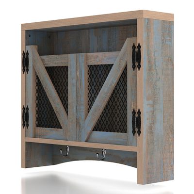 24/7 Shop at Home UNA Farmhouse 2 Shelves Wood Wall Cabinet with Net Doors for Bathroom, Kitchen, Living Room, Bedroom, Home Office, Laundry Room, Distressed Blue