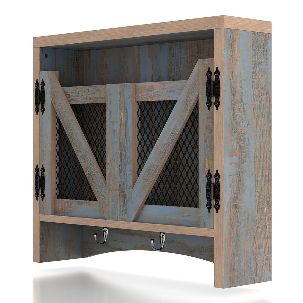 24/7 Shop at Home UNA Farmhouse 2 Shelves Wood Wall Cabinet with Net Doors for Bathroom, Kitchen, Living Room, Bedroom, Home Office, Laundry Room, Distressed Blue