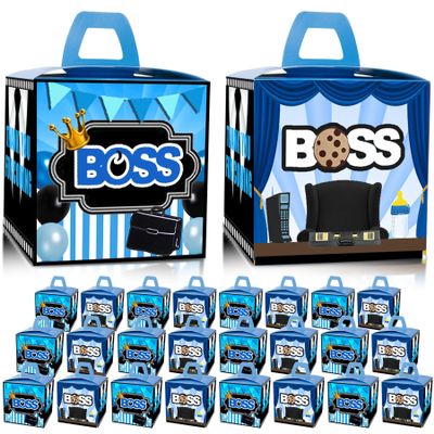 HAPPARTY BOSS Party Favor Gift Boxes 24 PCS,Blue BOSS Boy Goodie Candy Treat Boxe For 1st 2nd Birthday Decorations Supplies