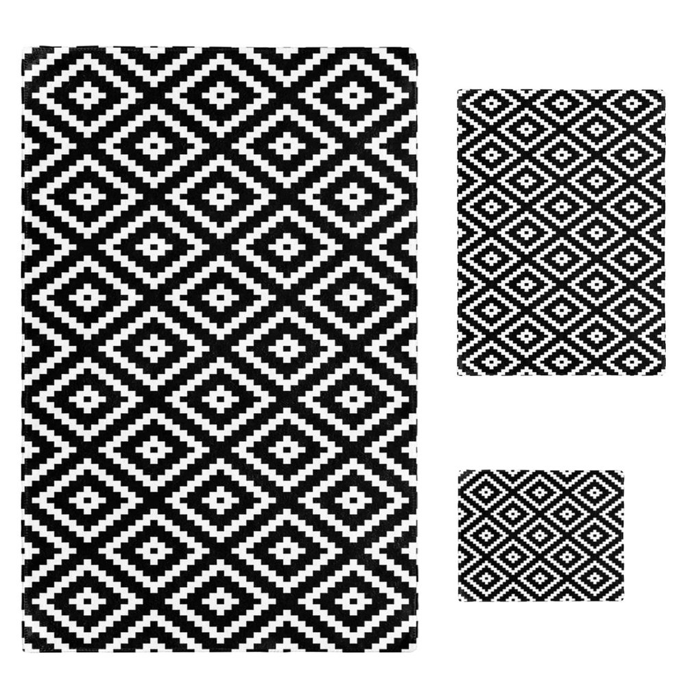 Black Geometric 3 Piece Bath Towels Set, White Block Modern Abstract Art Soft & Absorbent Towel for Bathroom, Hotel (1 Bath Towel 30x60, 1 Hand Towel 16x28, 1 Washcloth 13x13)