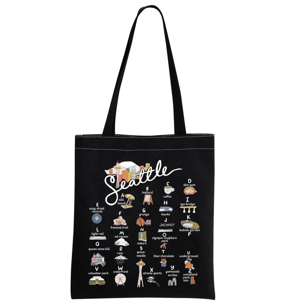 MNIGIU Seattle Canvas Tote Bag - Welcome Tote, Reusable Shopping Bag (Black)