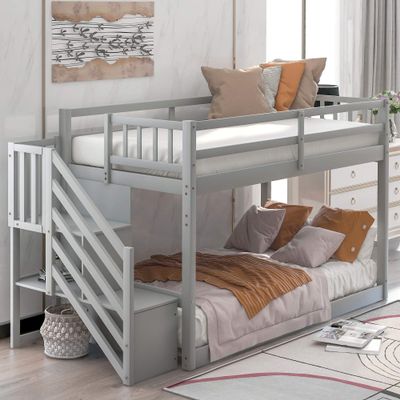 LERFAN Twin Over Twin Floor Bunk Bed, 50.6 Inch Height Pine Wood Frame Bed with Full-Length Guardrail on Top Bed and Staircase with Storage, Headboard & Footboard on Bottom Bed, Gray