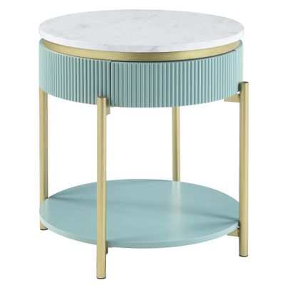 24/7 Shop at Home Leiston Modern Storage Round Wood 23 in. End Table with Open-Shelf for Living Room, Bedroom, Home Office, Green and White