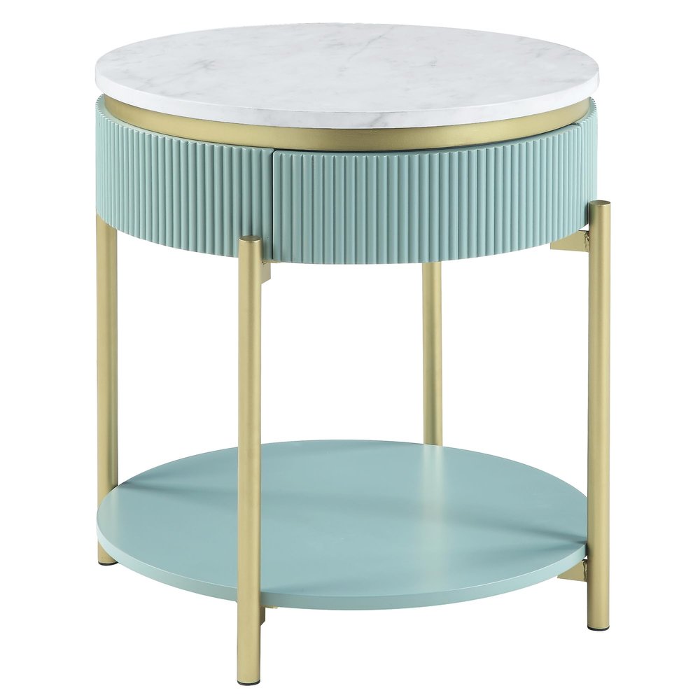 24/7 Shop at Home Leiston Modern Storage Round Wood 23 in. End Table with Open-Shelf for Living Room, Bedroom, Home Office, Green and White