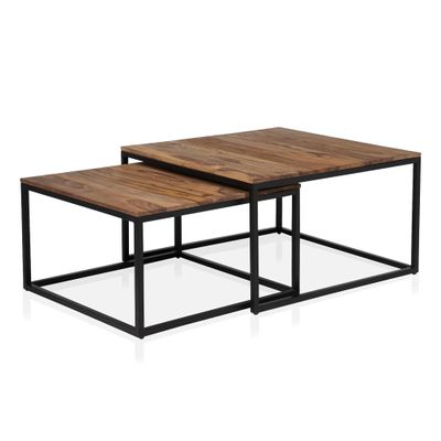 24/7 Shop at Home Megan Farmhouse Solid Wood 2-Piece Nesting Coffee Table Set with Metal Frame for Living Room, Bedroom, Home Office, Natural Brown
