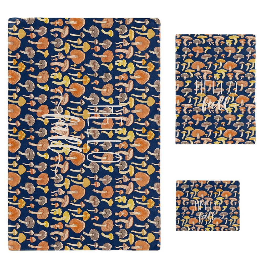 Thanksgiving 3 Piece Bath Towels Set, Fall Mushroom Yellow Grey Vintage Navy Blue Soft & Absorbent Towel for Bathroom, Hotel (1 Bath Towel 30x60, 1 Hand Towel 16x28, 1 Washcloth 13x13)
