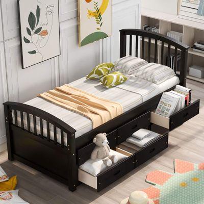 JURMALYN Twin Size Bed Frame with Drawers, Solid Wood Bed with Headboard and Footboard, Twin Bed Frame with Storage for Kids Teens Adult, No Box Spring Needed, Easy Assembly (Coffee)