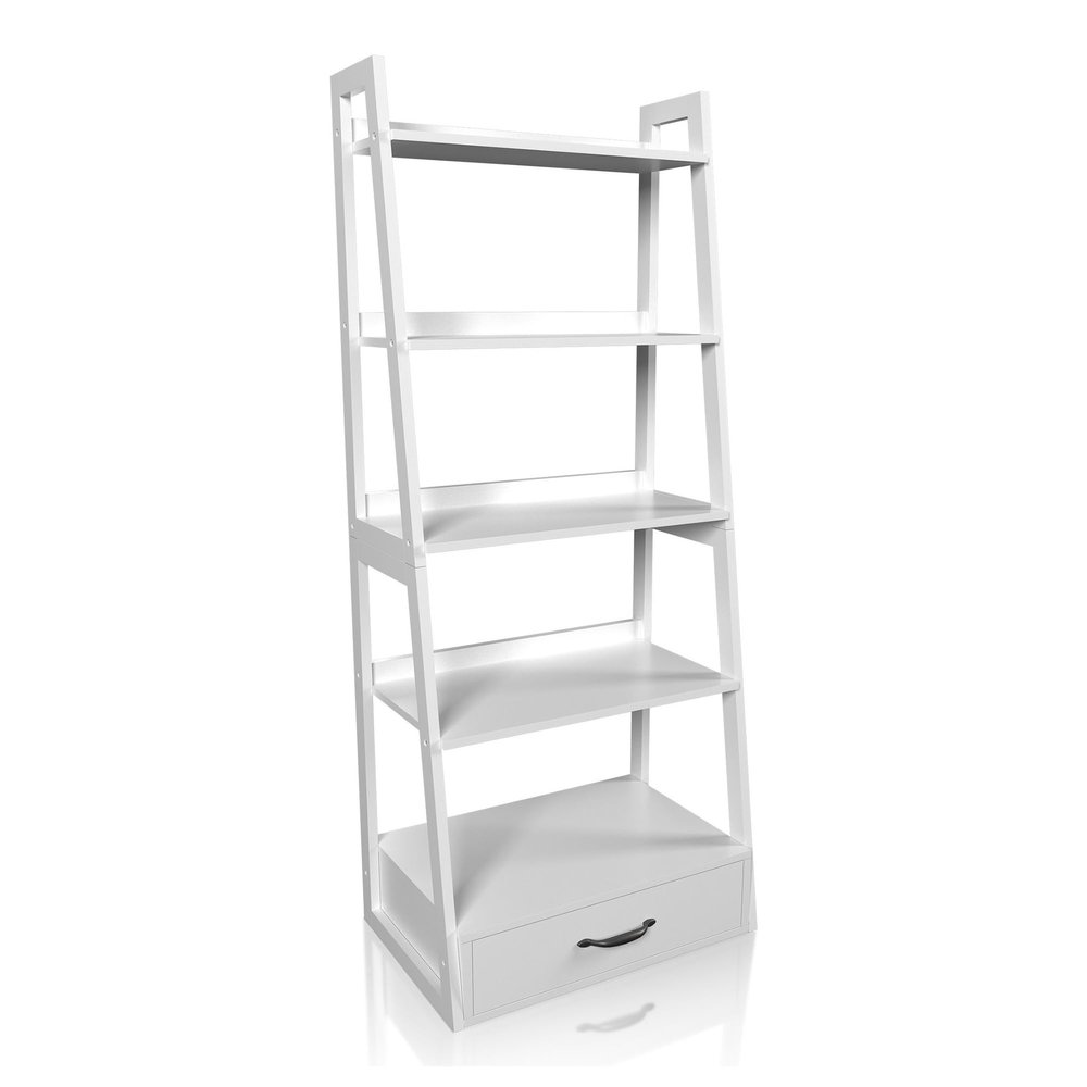 24/7 Shop at Home Auxvasse Transitional 5 Shelves Wood Open Back Bookcase with Felt-Lined Drawer for Living Room, Home Office, Bedroom, White