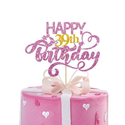 MINUET MINUTE Pink Glitter Happy 39th Birthday Cake Topper, 1 x 6.3" x 3.5" Pink Glitter Cardboard & Wooden Stick Topper for 39th Birthday Party Decor