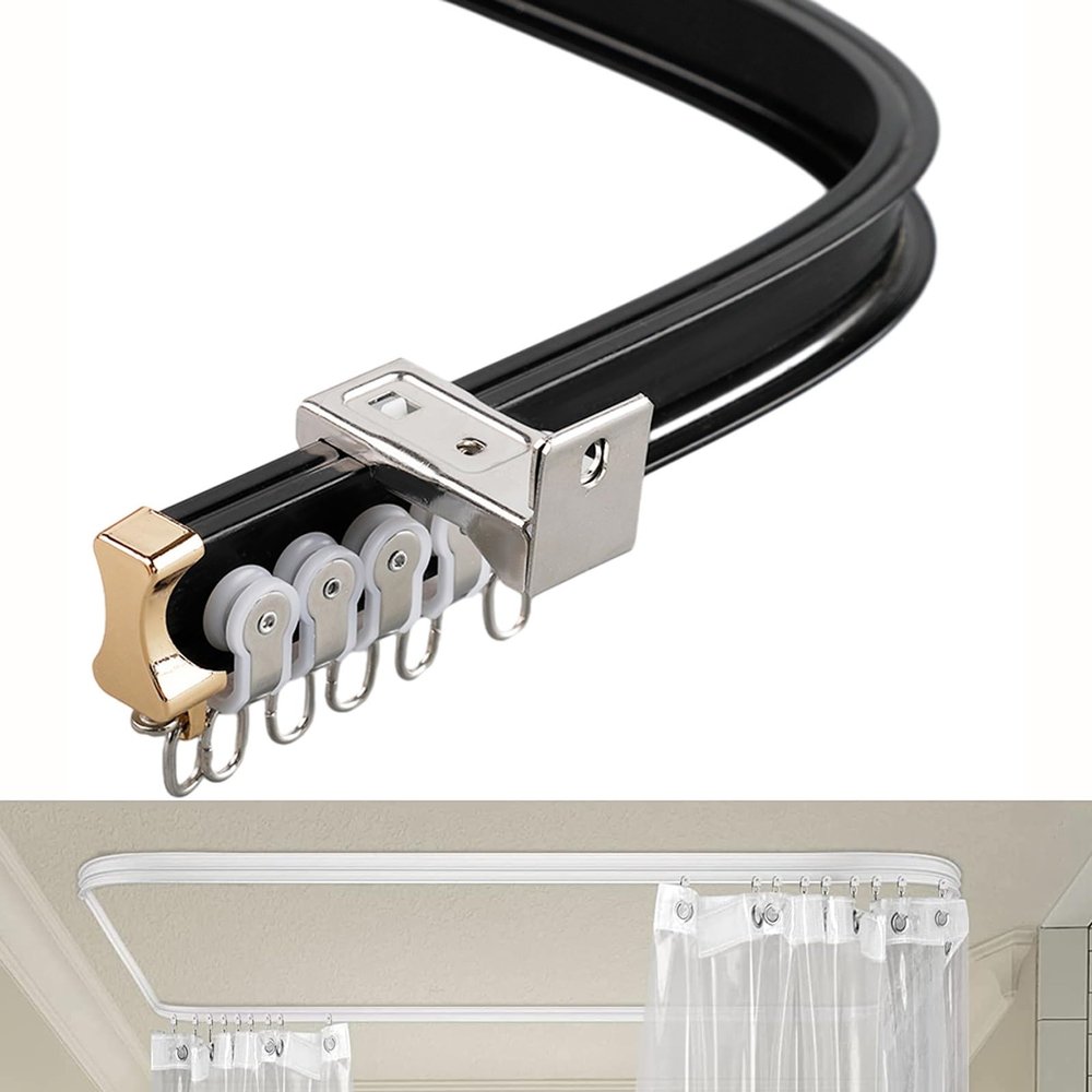 Curved Curtain Rail with Mute Rollers Curtain Rail Track Bendable Mount for Shower Bay Window RV Curtain Room Divider Curtain Rod, Ceiling Track, Long Curved Hospital Privacy (Color : Black, Size :