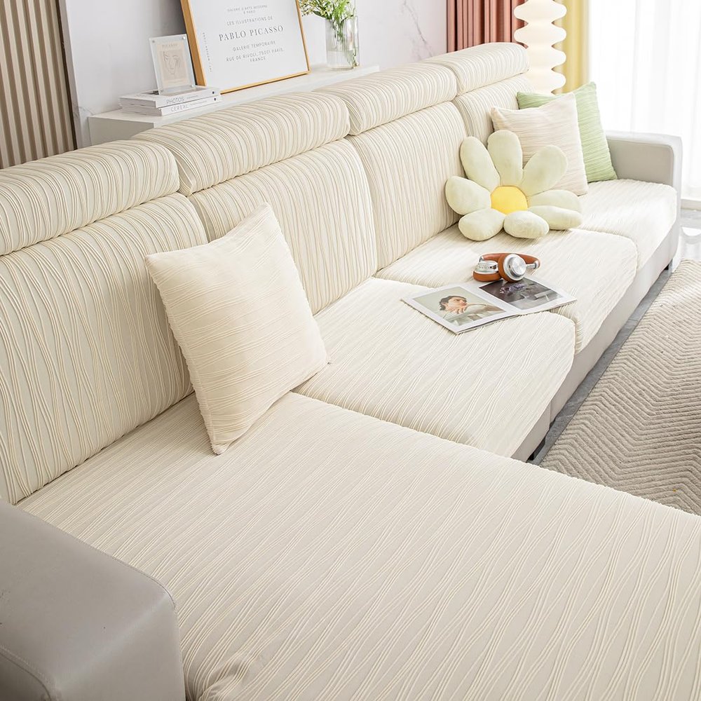 vctops Solid Color Stripe Universal Stretch Sofa Cover for L Shaped Chaise Lounge Super Soft Breathable Anti-Slip Sofa Covers Furniture Protector (Cream, X-Large)