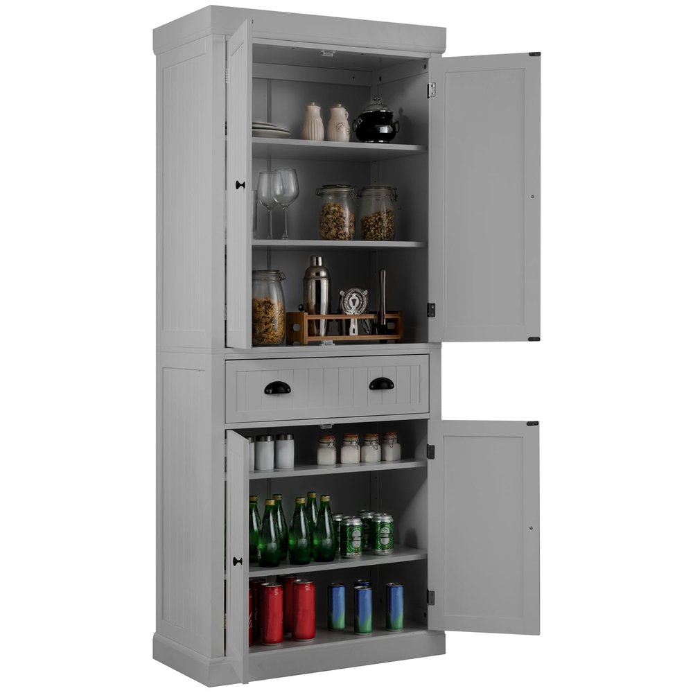 LOKO 72 Tall Kitchen Pantry Storage Cabinet, Large Tall Storage Cabinet with 2 Cabinets and Drawer, Adjustable Shelves & Anti-toppling Device, 30 x 16 x 72 Inches (Grey)