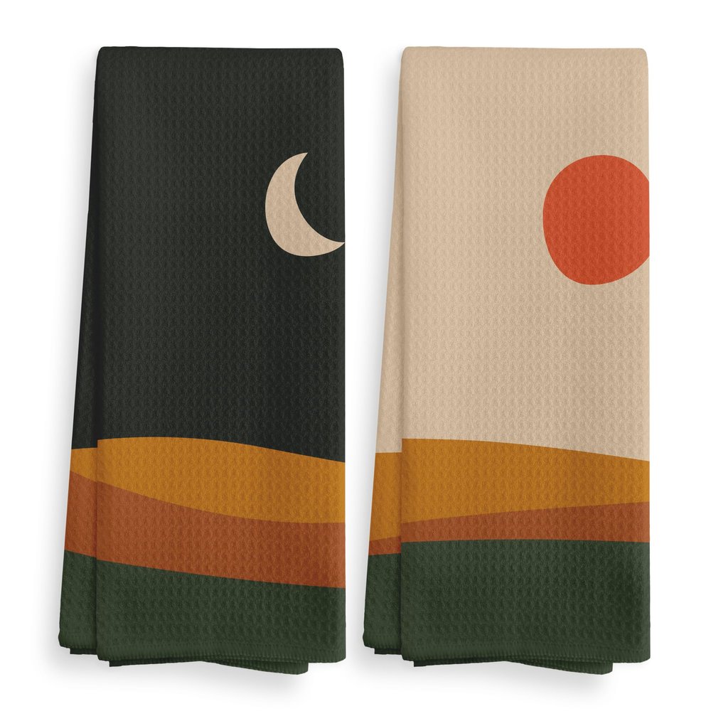 Abstract Boho Sun Moon Mountain Lake Landscape Kitchen Towels and Dishcloths Sets of 2,Boho Absorbent Drying Cloth Hand Towels Tea Towels for Bathroom Kitchen,Boho Gifts for Women Girls,1624 inches