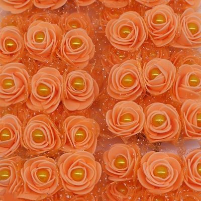 24/72Pcs 3cm Foam Rose with Immitation Pearl Bead Artificial Flowers for Wedding Decoration DIY Bride Wreath Home Fake Flower,F09 Orange,24pcs