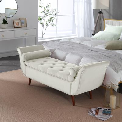 PEIHONGET Velvet Storage Bench for Bedroom End of Bed with 2 Pillow, Upholstered Button Tufted Storage Ottoman Bench Footstool Rolled Arm Solid Wood Legs for Entryway Living Room Dining Room (Beige)
