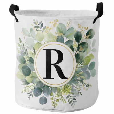 Watercolor Large Laundry Basket,Collapsible Bag with Easy Carry Handles,16.5x17in Waterproof Foldable Freestanding Hamper,Washing Bin Clothes Storage Round Monogrammed R Eucalyptus Flower Plant
