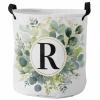 Watercolor Large Laundry Basket,Collapsible Bag with Easy Carry Handles,16.5x17in Waterproof Foldable Freestanding Hamper,Washing Bin Clothes Storage Round Monogrammed R Eucalyptus Flower Plant view 1