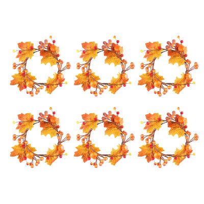 6 Pack Fall Candle Ring, Halloween Ring, Fall Floral Pillar Ring with Maple Leaf and Pumpkin, Artificial Mini Maple Leaf Wreath Candle Wreath Fall Ready Centerpieces or Farmhouse Table Decor(6PCS)