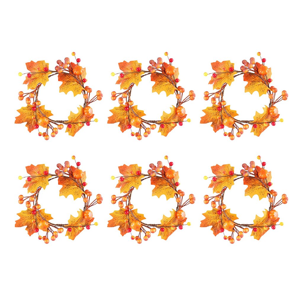 6 Pack Fall Candle Ring, Halloween Ring, Fall Floral Pillar Ring with Maple Leaf and Pumpkin, Artificial Mini Maple Leaf Wreath Candle Wreath Fall Ready Centerpieces or Farmhouse Table Decor(6PCS)