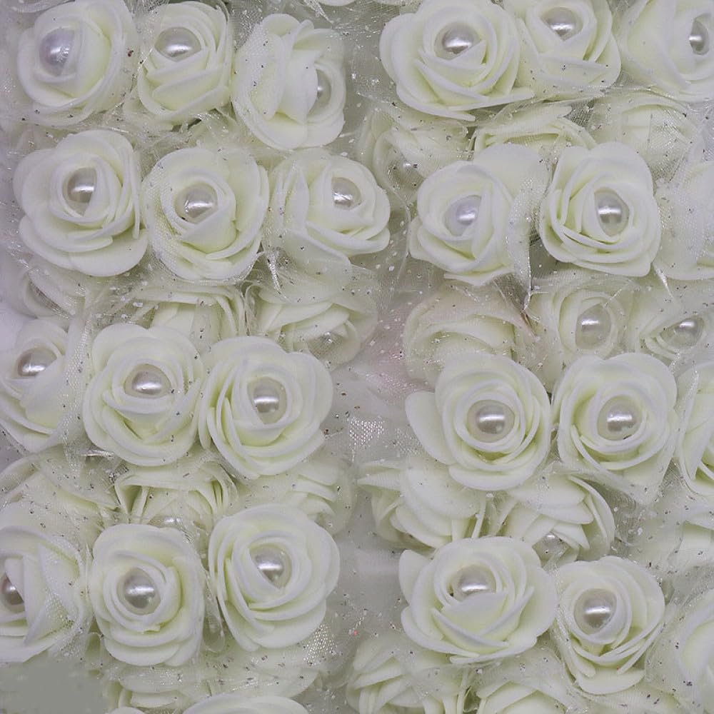 24/72Pcs 3cm Foam Rose with Immitation Pearl Bead Artificial Flowers for Wedding Decoration DIY Bride Wreath Home Fake Flower,F04 Beige,72pcs
