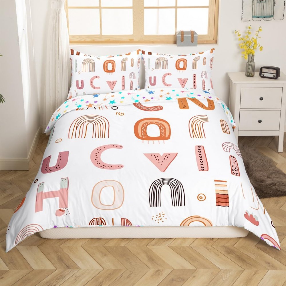 Boho English Alphabet Bedding Set For Kids Toddler Twin Cartoon Letters Abc Comforter Cover For Boys Girls Bohemian Rainbow Duvet Cover Hand Drawn Colorful Bed Set Zipper 1 Pillow Case Terracotta