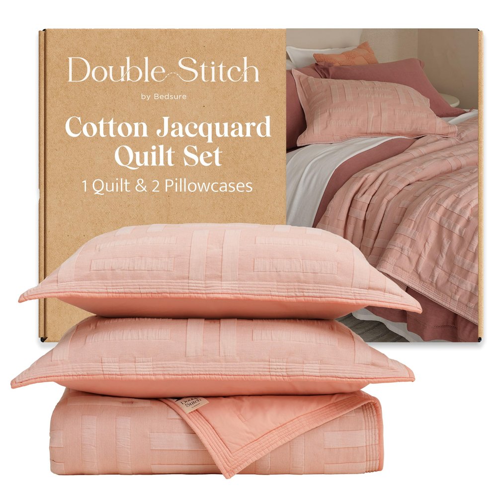 Double Stitch 100% Cotton Quilt Set Queen - BCI-Certified Cotton Luxury Bedspread, Jacquard Coverlet, Perfect House Warming Gift, 1 Quilt, 2 Shams, Coral