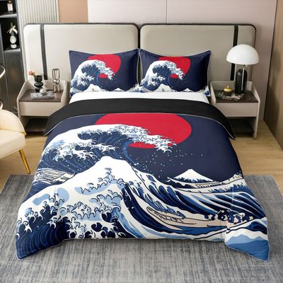 jejeloiu Japanese Wave Door Duvet Cover 100% Cotton Queen SizeOcean Wave Sunset Bedspread Cover Home Decor Sea Waves Comforter Cover Set Sea Wave Theme Comforter Cover Set Living Room Bedroom