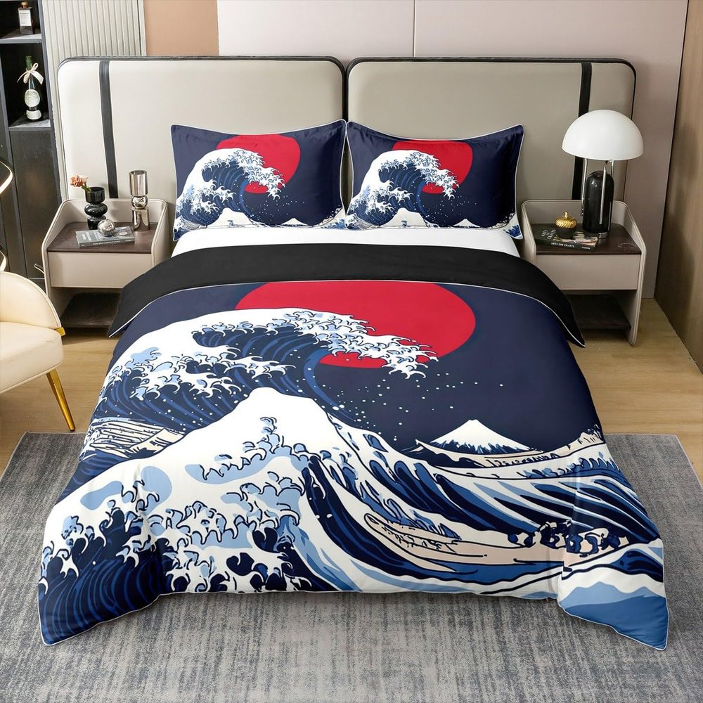 jejeloiu Japanese Wave Door Duvet Cover 100% Cotton Queen SizeOcean Wave Sunset Bedspread Cover Home Decor Sea Waves Comforter Cover Set Sea Wave Theme Comforter Cover Set Living Room Bedroom