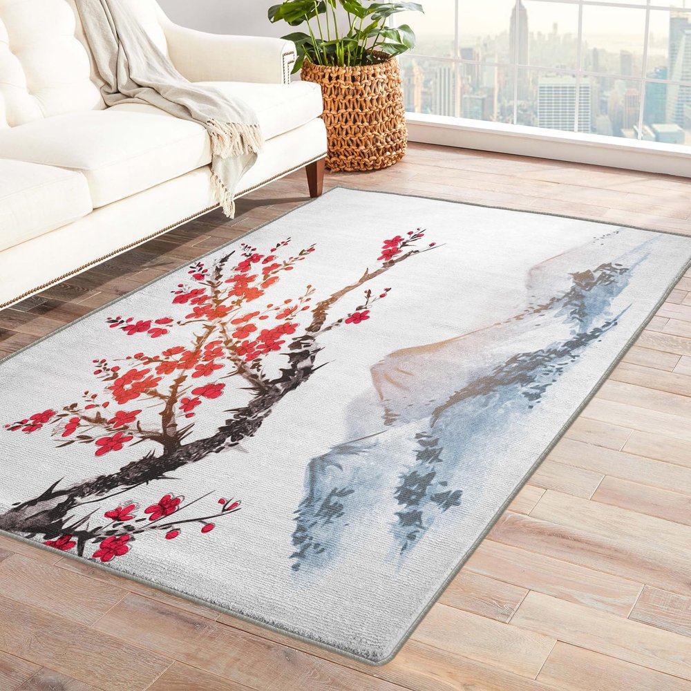 ZDABAOEC Japanese Rug, 2x3 Rug, Japan Cherry Blossom Area Rugs for Bedroom Living Room Entryway, Asian Style Patterned Small Rug, Washable Non Slip Indoor Floor Carpet & Home Decor