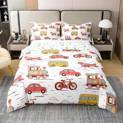 jejeloiu Cartoon Car Bedding Cotton Duvet Cover Set Kids Train Airplane Print Duvet Cover 100% Cotton King Size Boys Girls Decor Bus Bicycle Rider Comforter Cover Set Aircraft Red Bedspread Cover