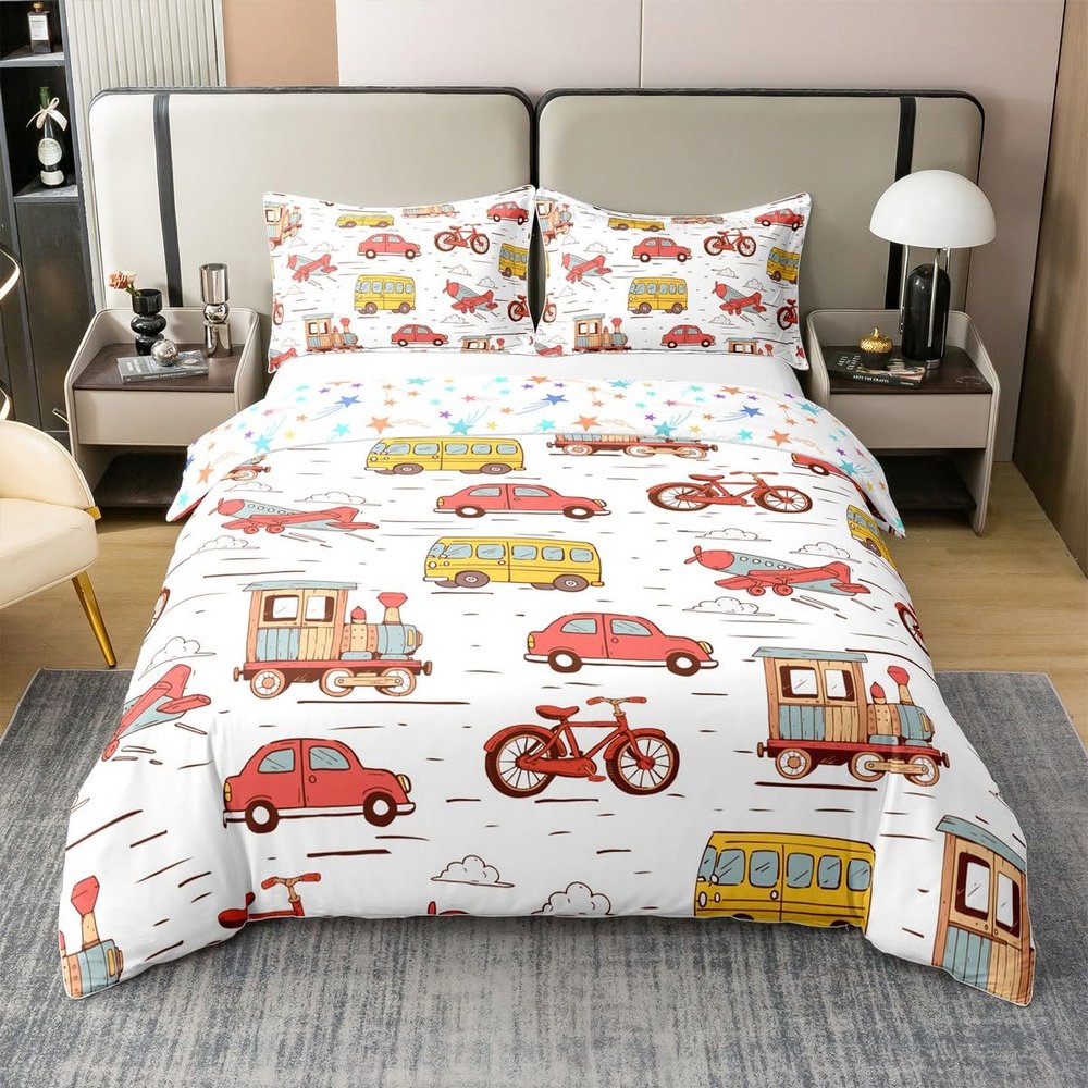 jejeloiu Cartoon Car Bedding Cotton Duvet Cover Set Kids Train Airplane Print Duvet Cover 100% Cotton King Size Boys Girls Decor Bus Bicycle Rider Comforter Cover Set Aircraft Red Bedspread Cover