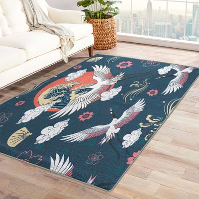 ZDABAOEC Japanese Rug, 2x3 Rug, Japan Wave Crane Area Rugs for Bedroom Living Room Entryway, Asian Style Patterned Small Rug, Washable Non Slip Indoor Floor Carpet & Home Decor