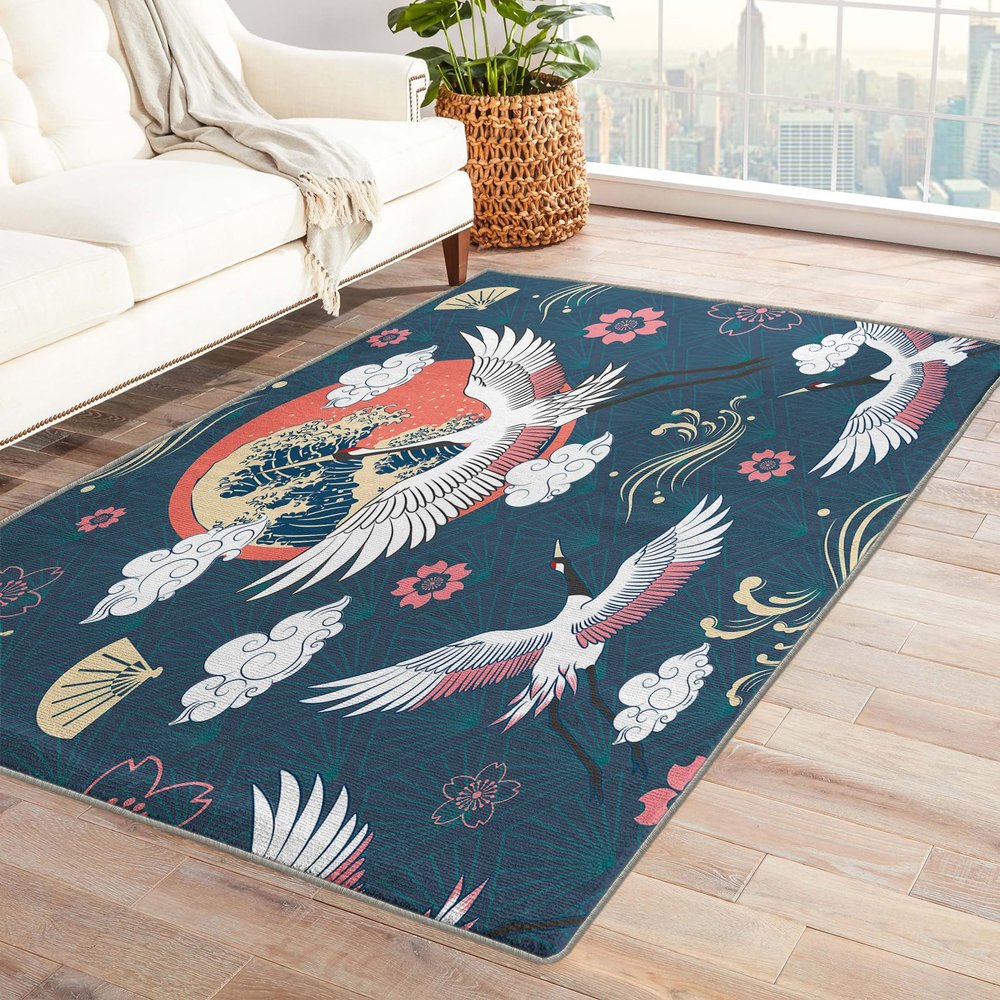 ZDABAOEC Japanese Rug, 2x3 Rug, Japan Wave Crane Area Rugs for Bedroom Living Room Entryway, Asian Style Patterned Small Rug, Washable Non Slip Indoor Floor Carpet & Home Decor