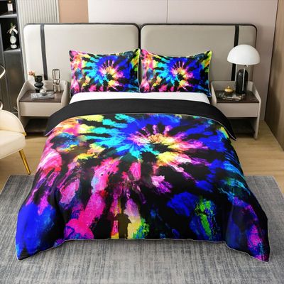 jejeloiu Tie Dye Duvet Cover 100% Cotton Queen Size 1 Panel Boho Hippie Decorative Duvet Cover 100% Cotton Trippy Tie Dyed Bohemian Gypsy Purple Colorful Bedspread Cover