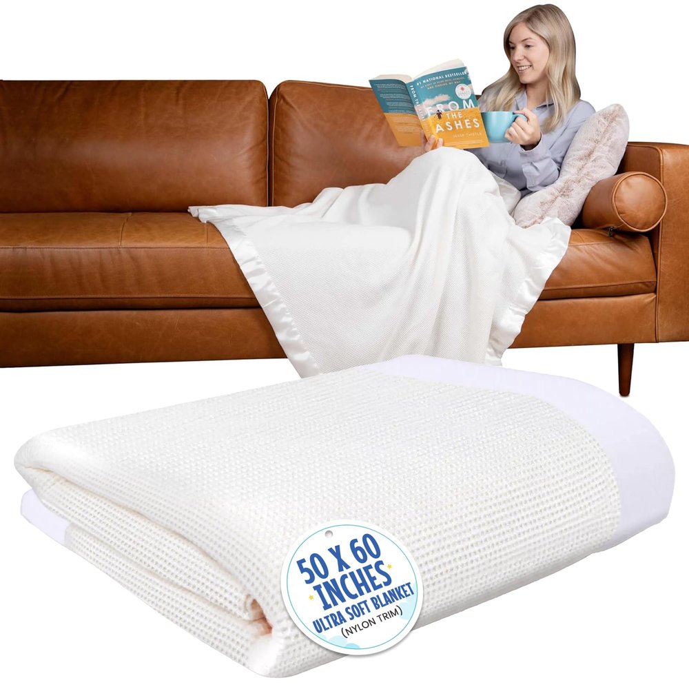 Baby Morgan - Adult Thermal Waffle Throw Blanket - Soft Lightweight Waffle Knit Design - Breathable Layer for Couch, Bed & Travel - Throw Blanket for Home & Living Room - 50" x 60" (Nylon Trim, White)
