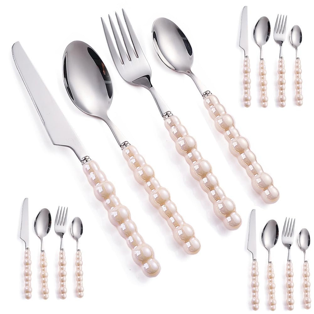 16 Pieces Creative Pearl Ceramic Handle Kitchen Stainless Steel Silverware Tableware Flatware Cutlery Set for 4 PeopleCreative Hotel Home Steak Knife Dessert Spoon (Beige)