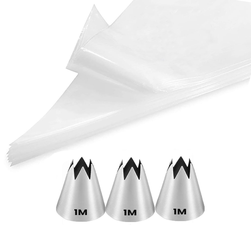 1M Open Star Piping Tips,1M Tips with Bags,3 Rosette Tip with 20 Disposable Piping Bags for Cake Decorating