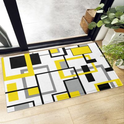 Fluffy Bath Rug Nordic Yellow Black Geometric Abstract Art,Non Slip Shag Carpet Soft Floor Door Mat Retro Medieval Color,Absorbent Entrance Rugs for Kitchen Bathroom Living Room 20x31.5in