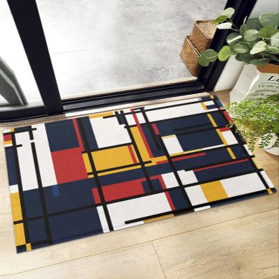 Fluffy Bath Rug Mondrian Colorful Abstract Geometric Lines,Non Slip Shag Carpet Soft Floor Door Mat Color Block Overlay Art,Absorbent Entrance Rugs for Kitchen Bathroom Living Room 16x24in