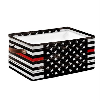 Storage Bins Large Storage Basket,Black Red Stripe and Star Firemen Collapsible Storage Bins with Handle,Retro USA Flag Wood Grain Storage Baskets Cube Organizer for Shelves Closet Nursery 1PC